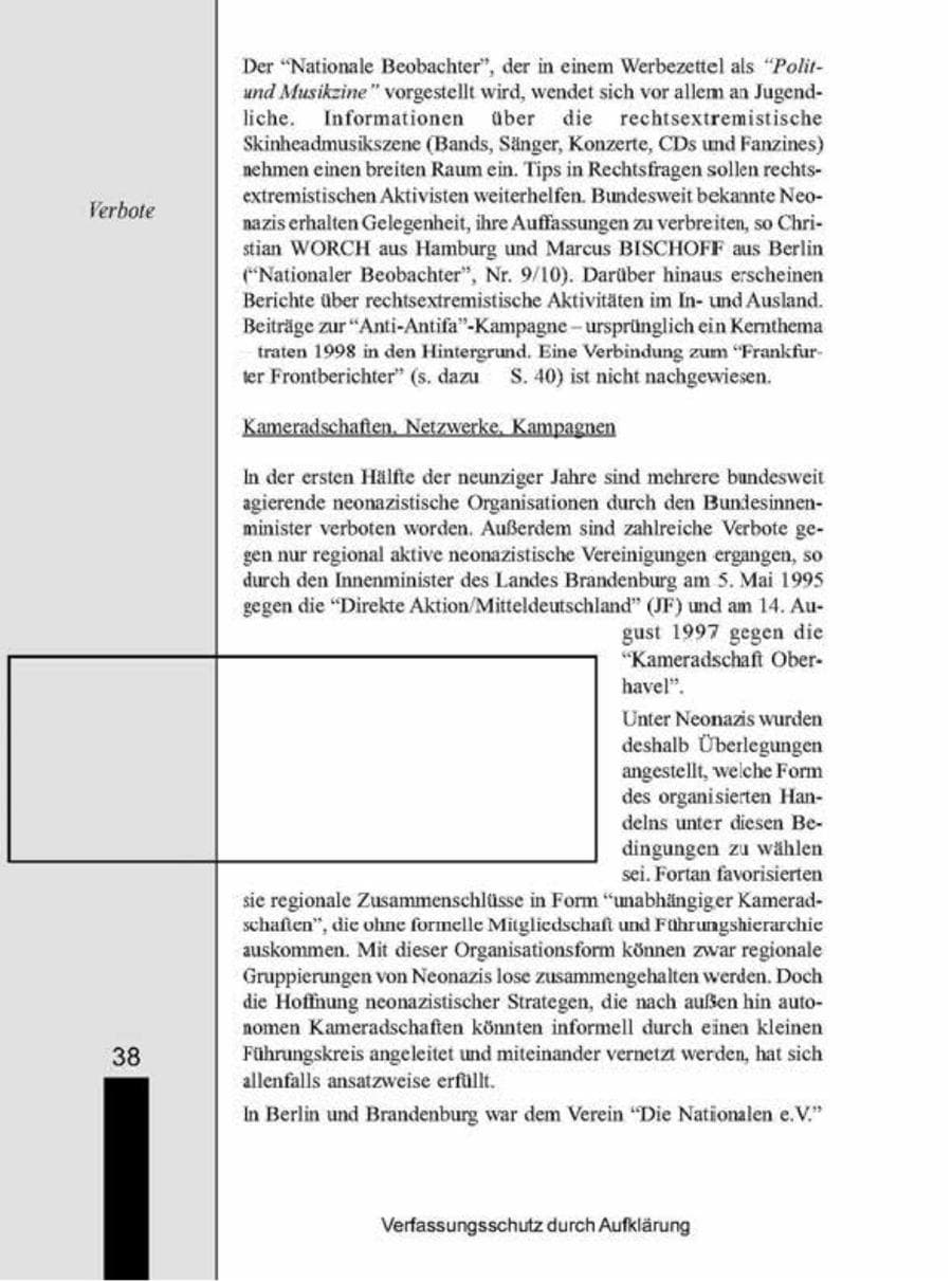 Seite 38 des Verfassungsschutzbericht 1998 Brandenburg
