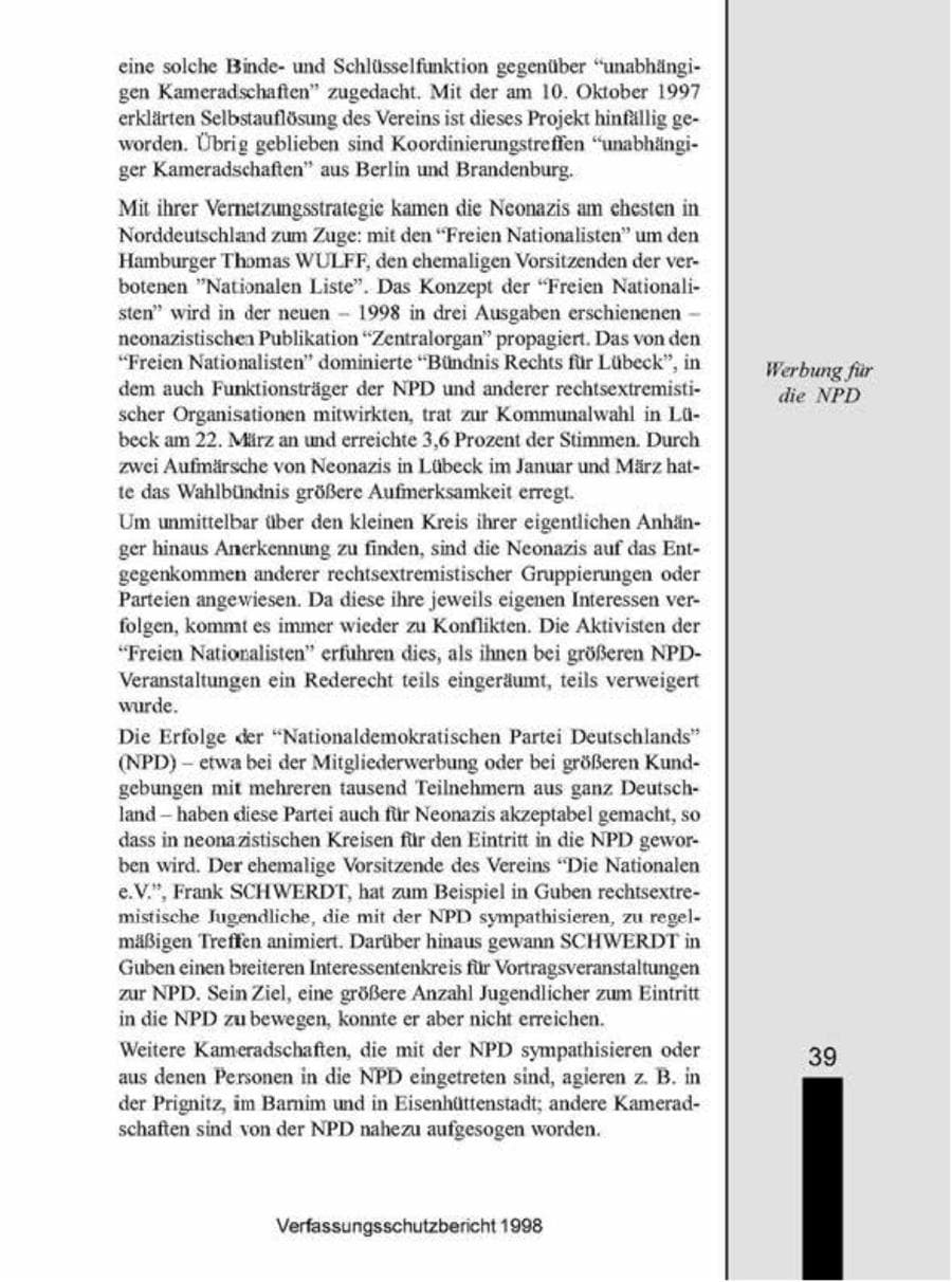 Seite 39 des Verfassungsschutzbericht 1998 Brandenburg