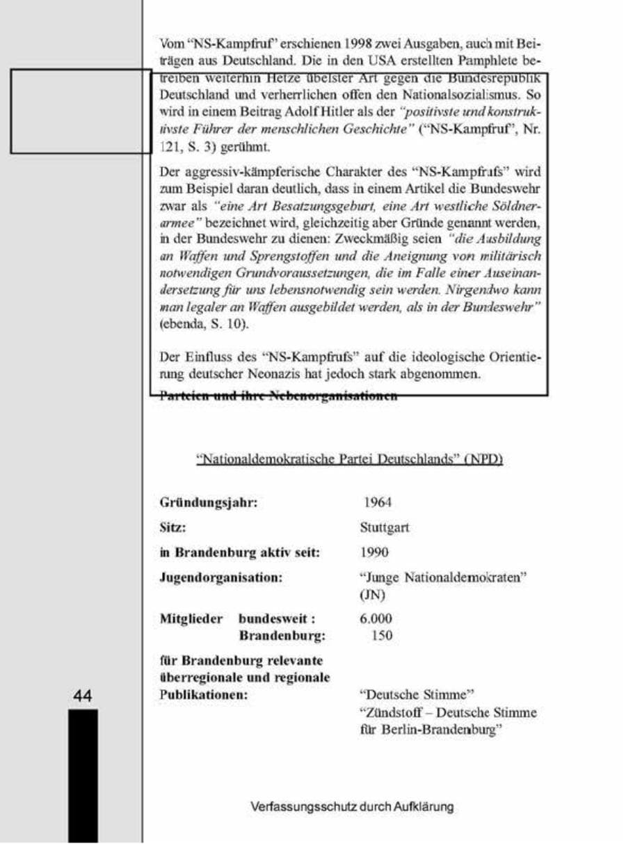 Seite 44 des Verfassungsschutzbericht 1998 Brandenburg