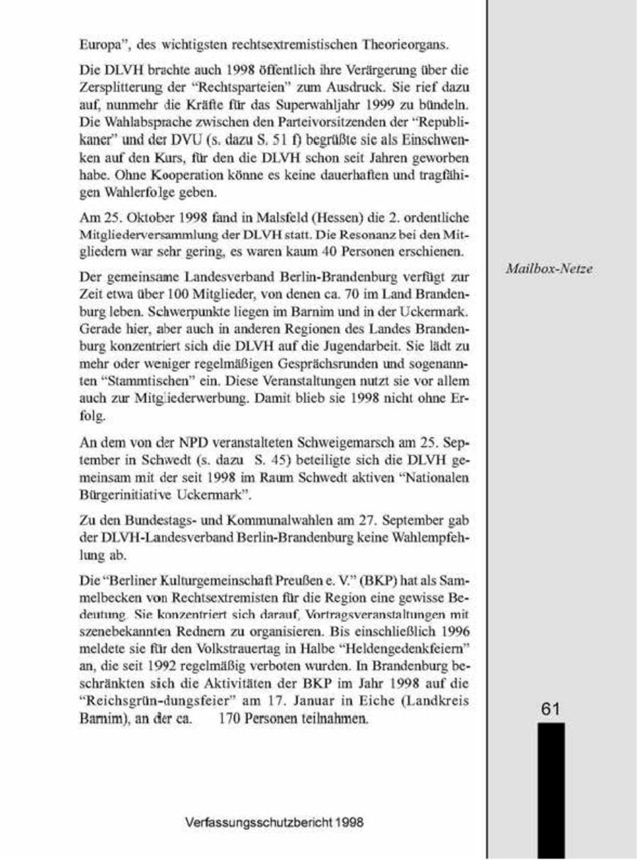 Seite 61 des Verfassungsschutzbericht 1998 Brandenburg