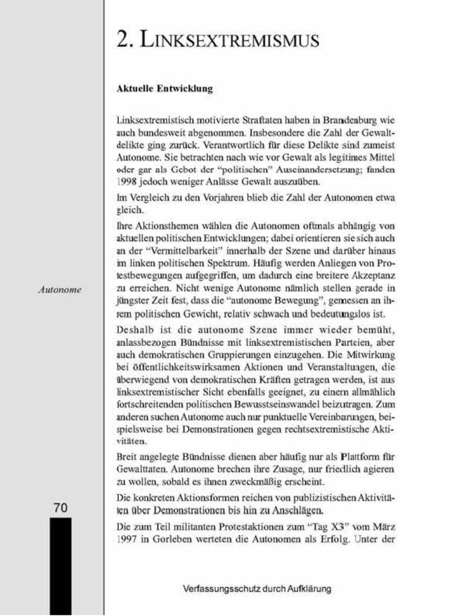 Seite 70 des Verfassungsschutzbericht 1998 Brandenburg