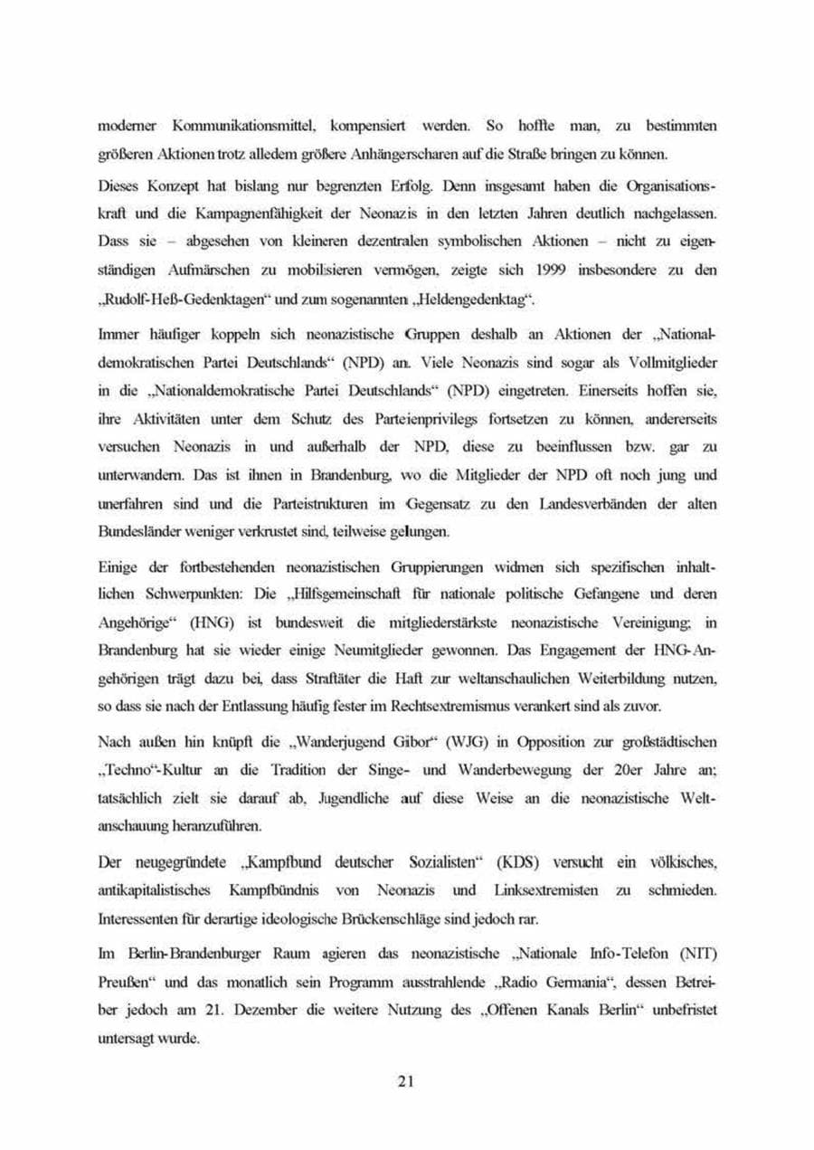 Seite 21 des Verfassungsschutzbericht 1999 Brandenburg