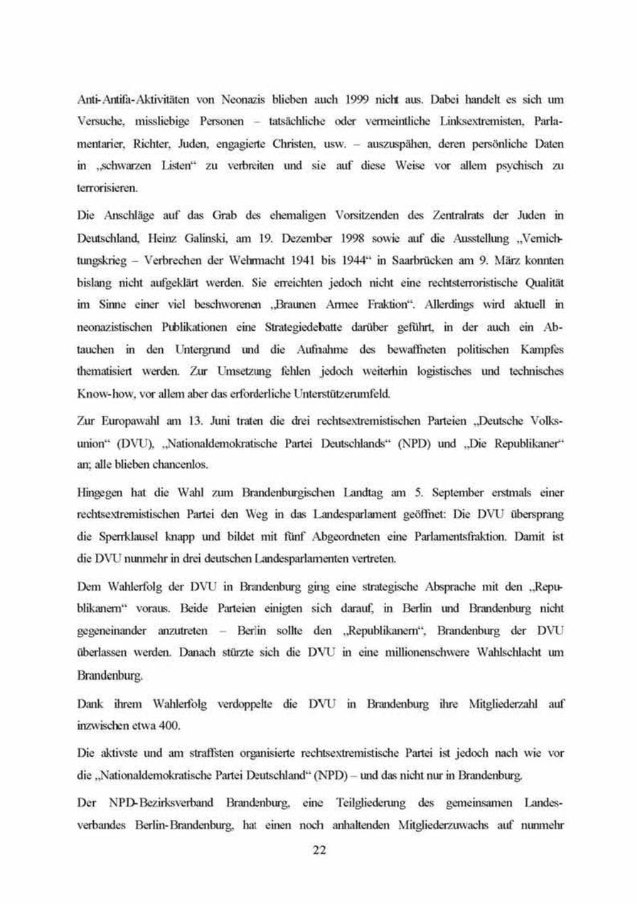 Seite 22 des Verfassungsschutzbericht 1999 Brandenburg