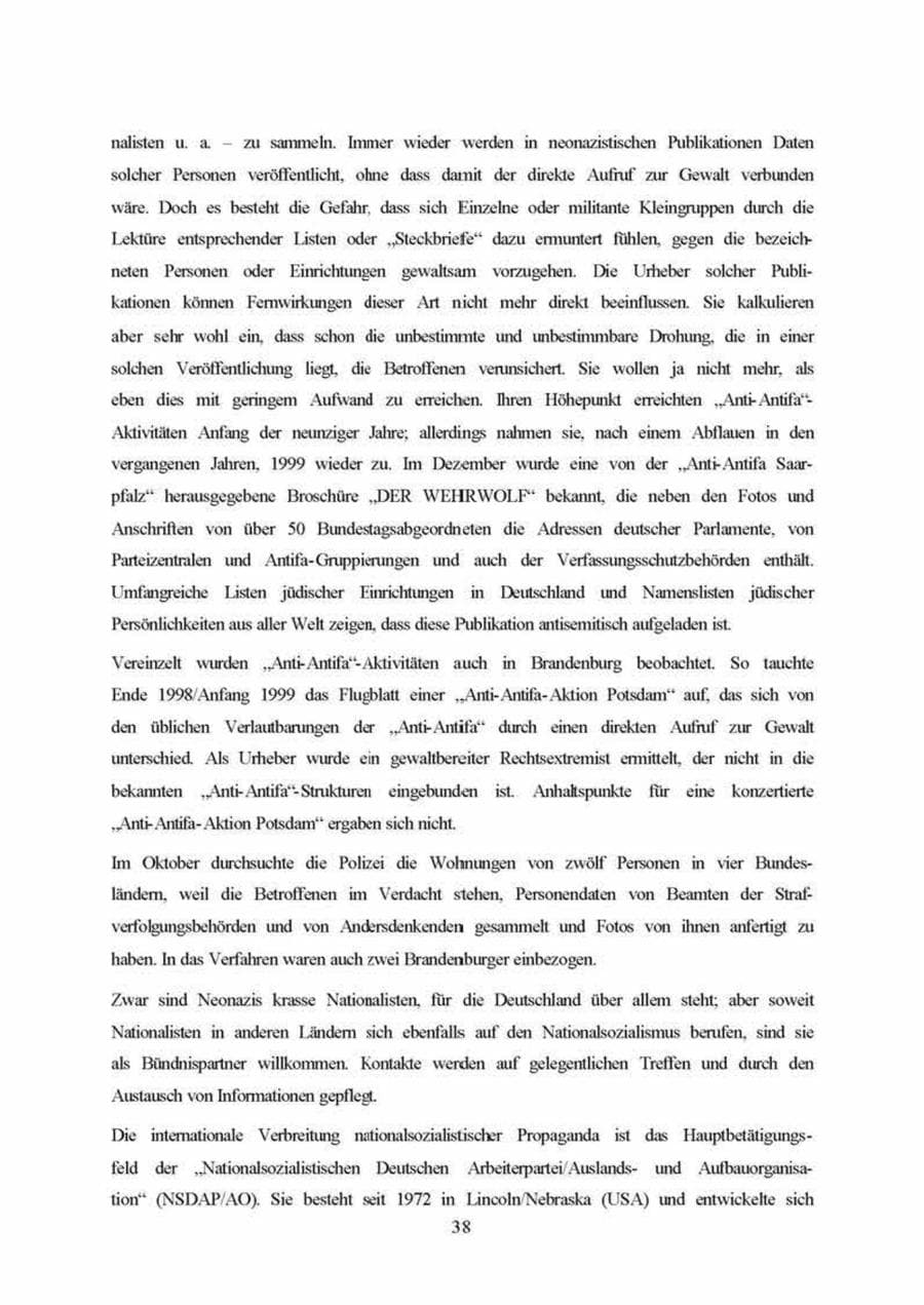 Seite 38 des Verfassungsschutzbericht 1999 Brandenburg