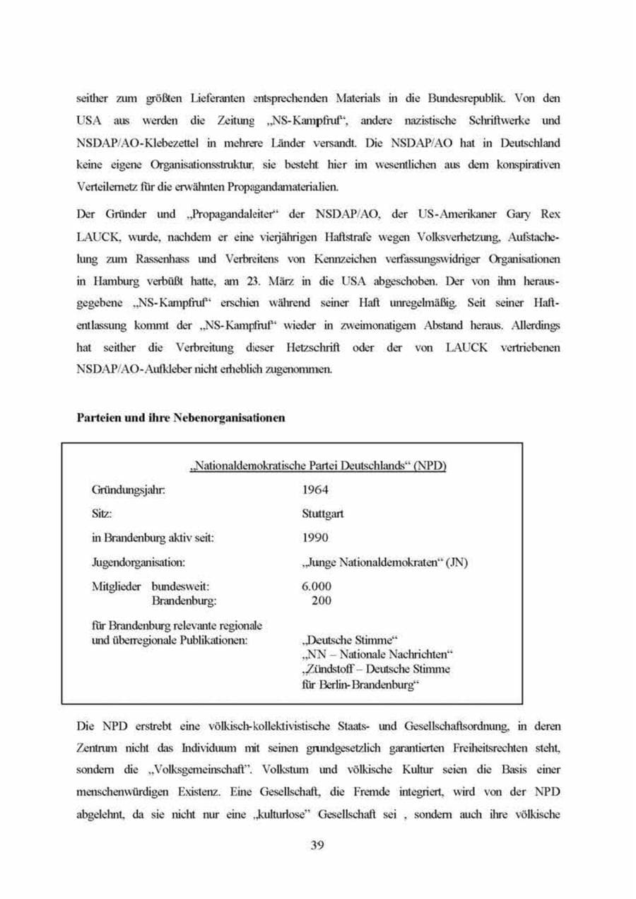 Seite 39 des Verfassungsschutzbericht 1999 Brandenburg