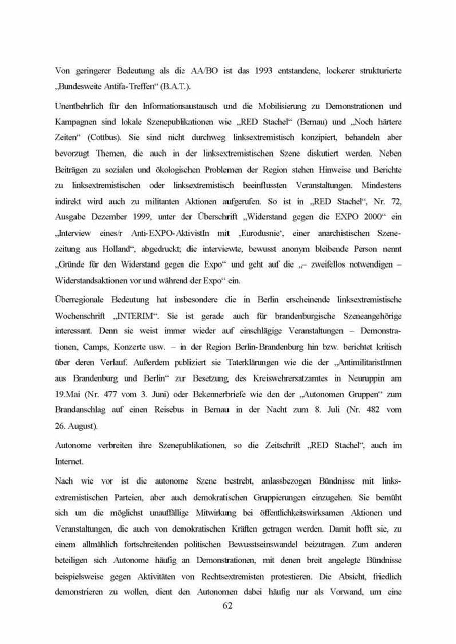 Seite 62 des Verfassungsschutzbericht 1999 Brandenburg