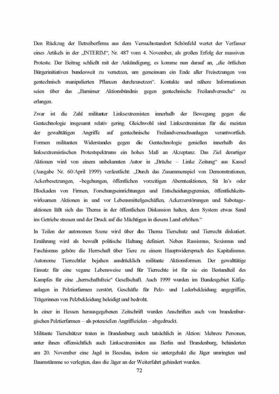 Seite 72 des Verfassungsschutzbericht 1999 Brandenburg