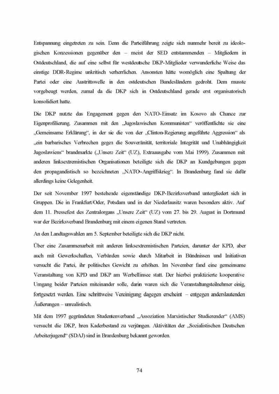 Seite 74 des Verfassungsschutzbericht 1999 Brandenburg