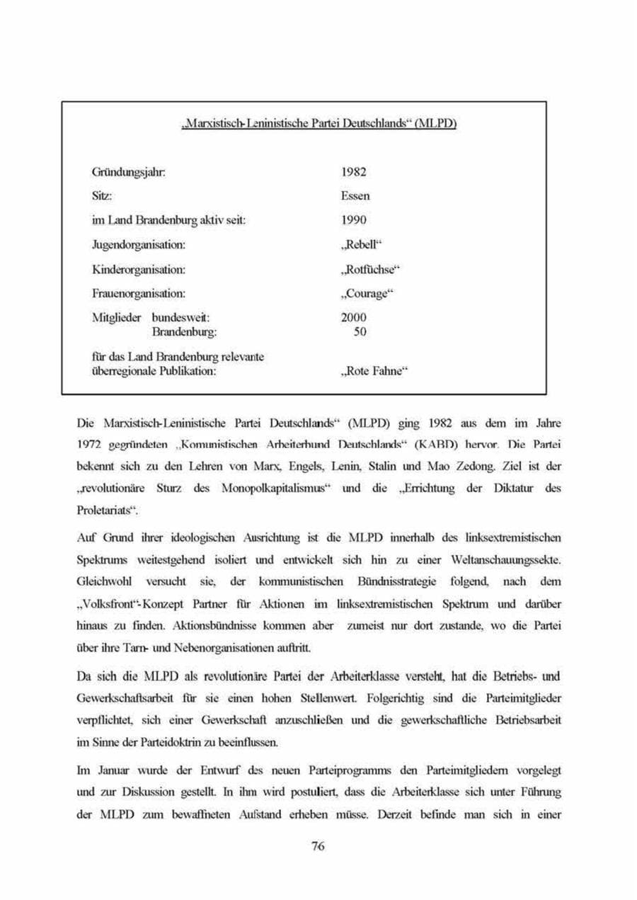 Seite 76 des Verfassungsschutzbericht 1999 Brandenburg