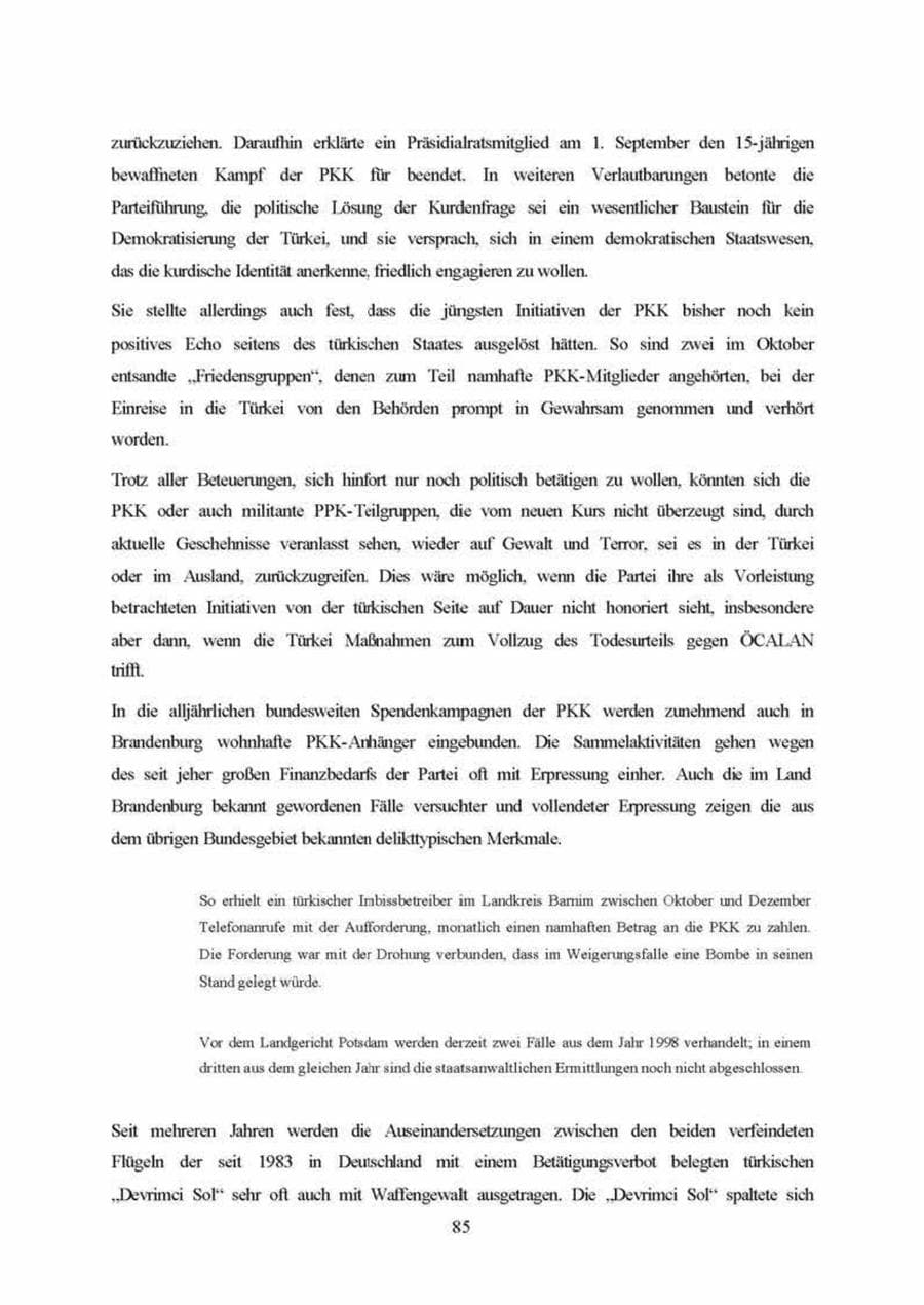 Seite 85 des Verfassungsschutzbericht 1999 Brandenburg
