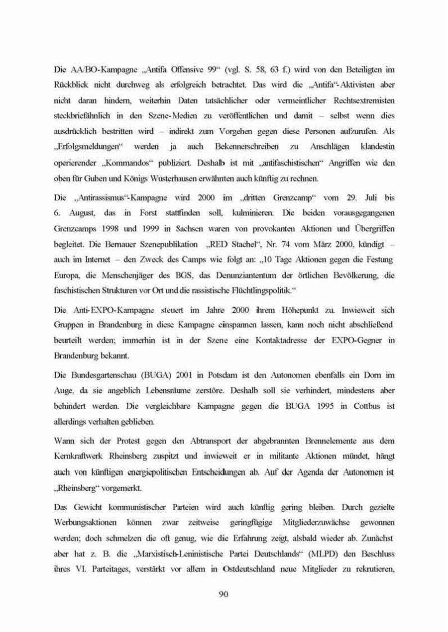 Seite 90 des Verfassungsschutzbericht 1999 Brandenburg