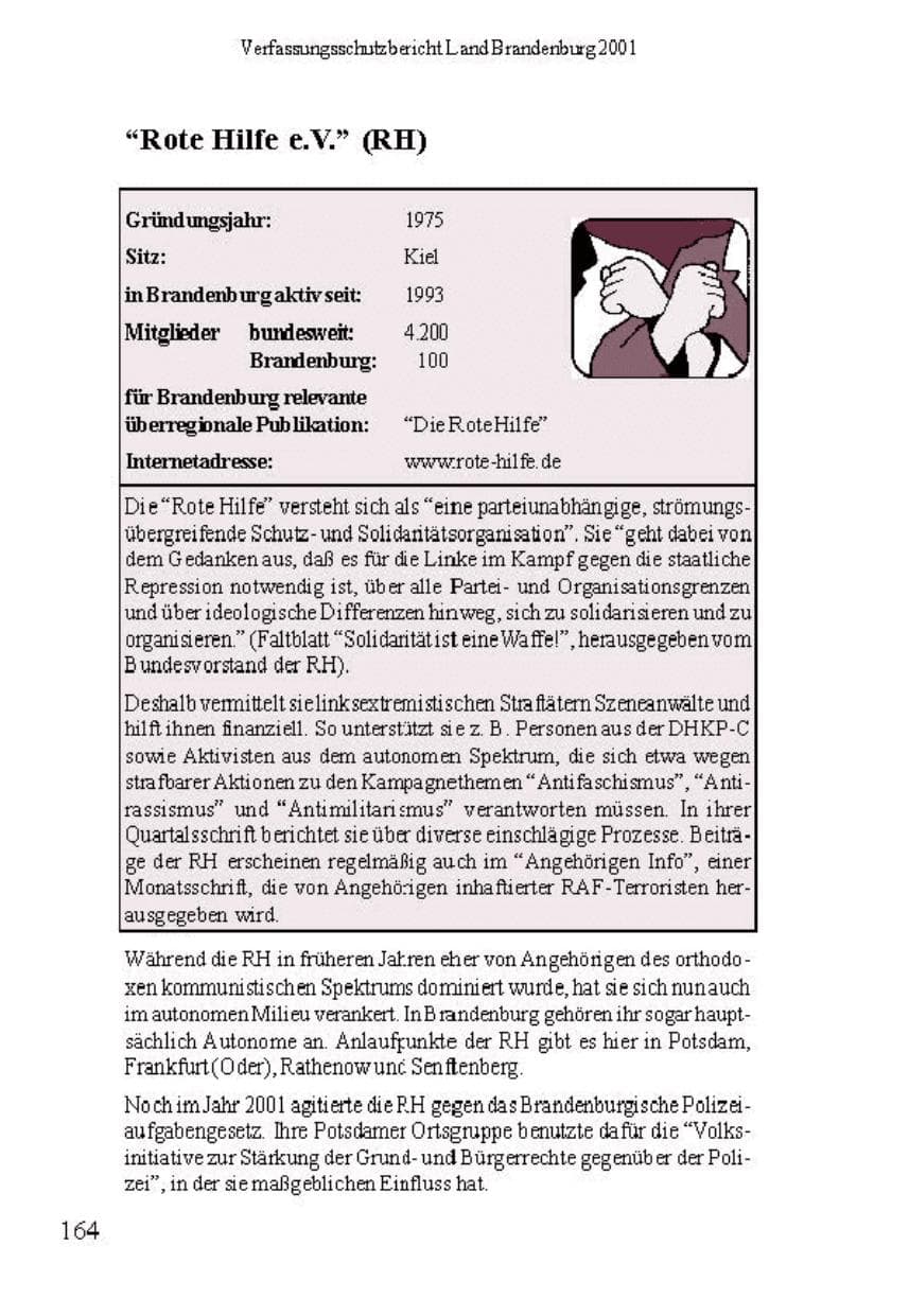 Seite 168 des Verfassungsschutzbericht 2001 Brandenburg