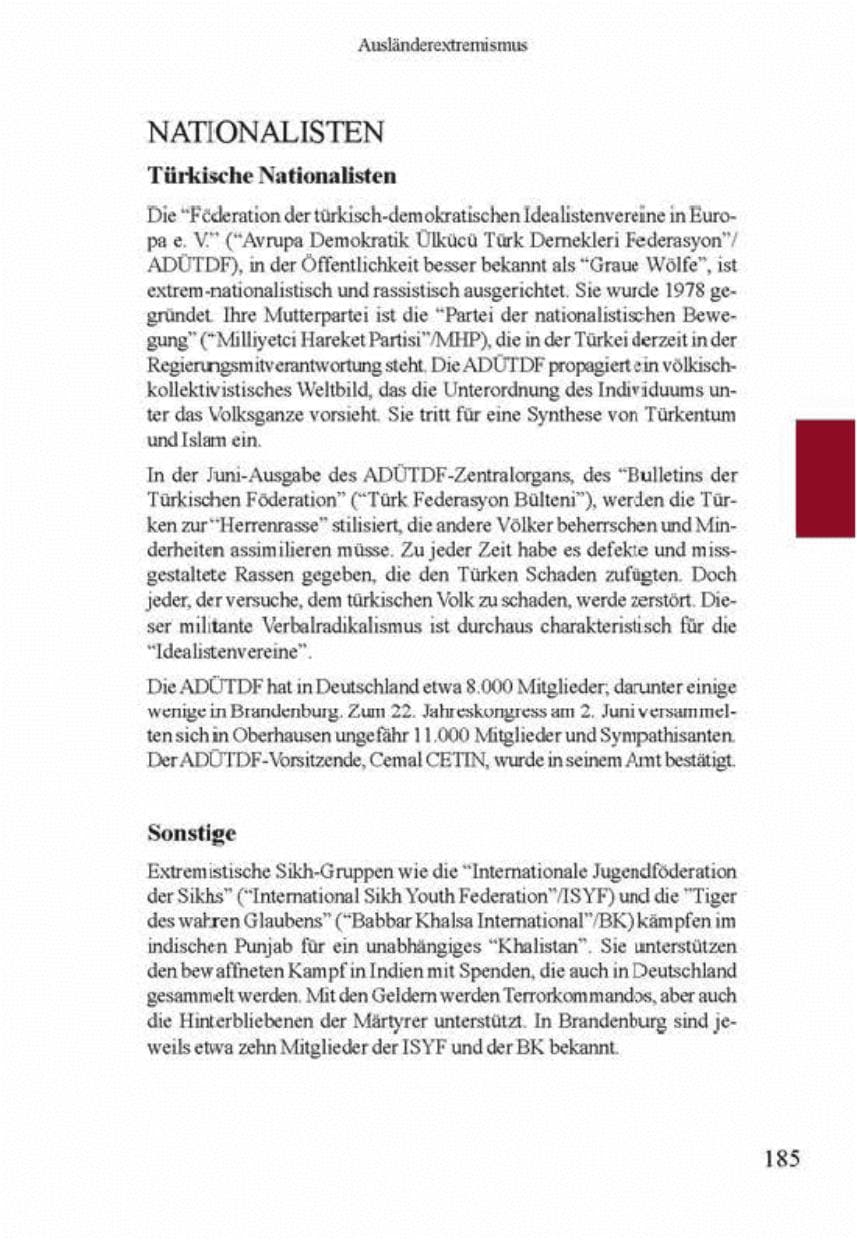 Seite 189 des Verfassungsschutzbericht 2001 Brandenburg