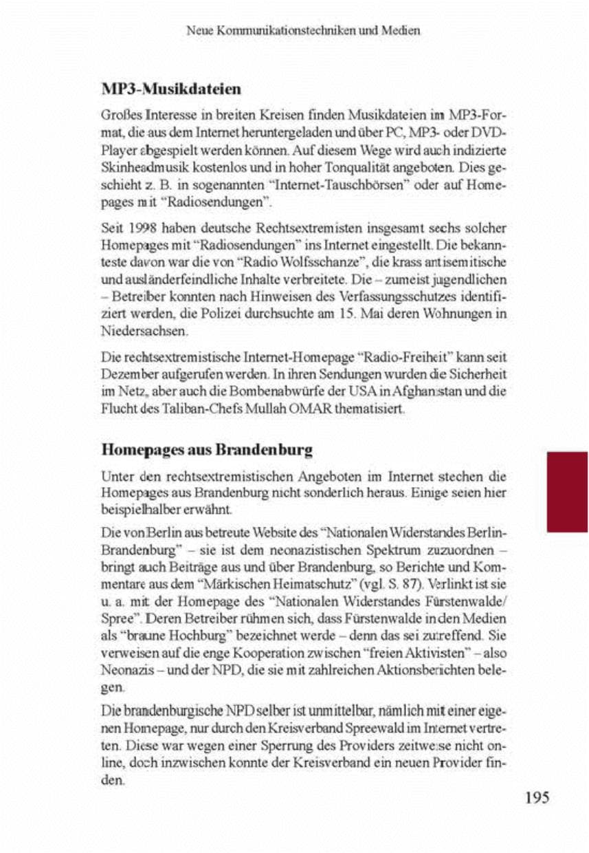 Seite 199 des Verfassungsschutzbericht 2001 Brandenburg