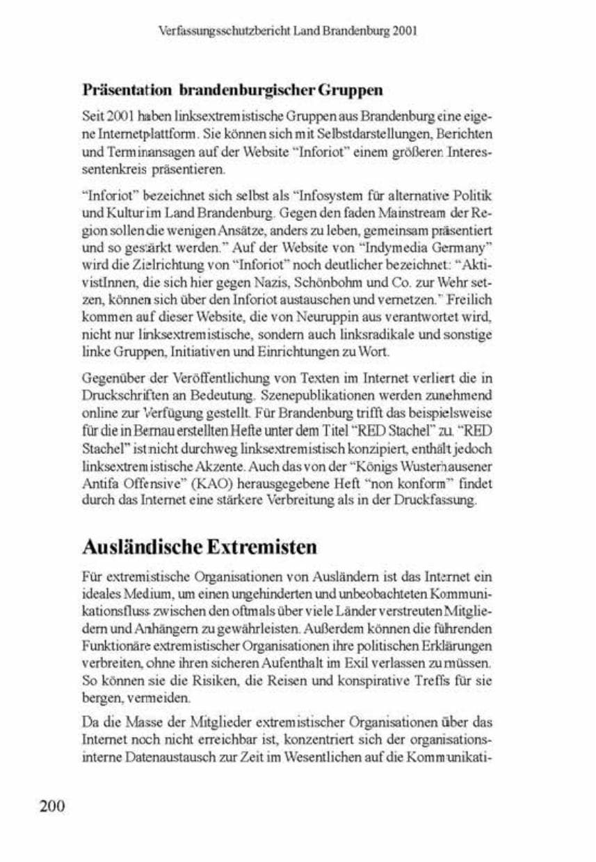 Seite 204 des Verfassungsschutzbericht 2001 Brandenburg