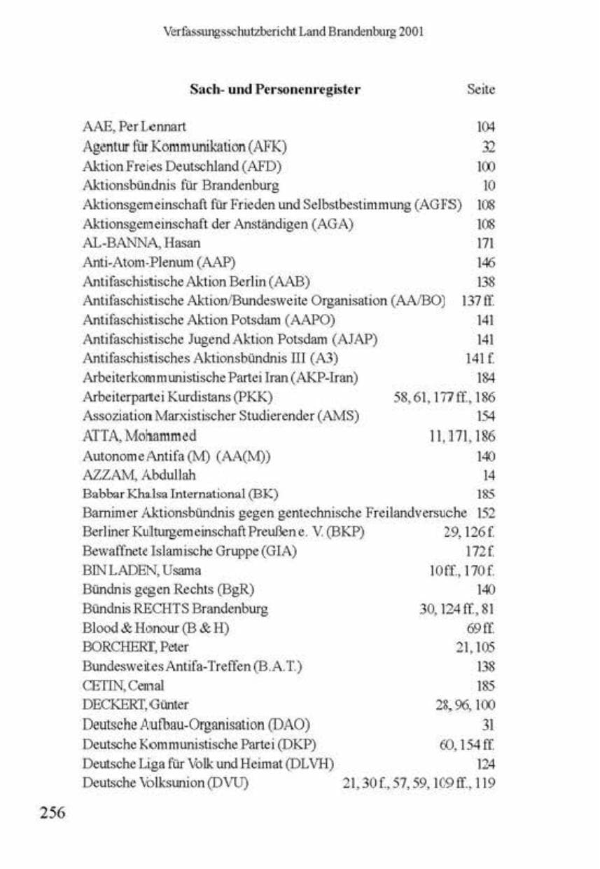 Seite 260 des Verfassungsschutzbericht 2001 Brandenburg