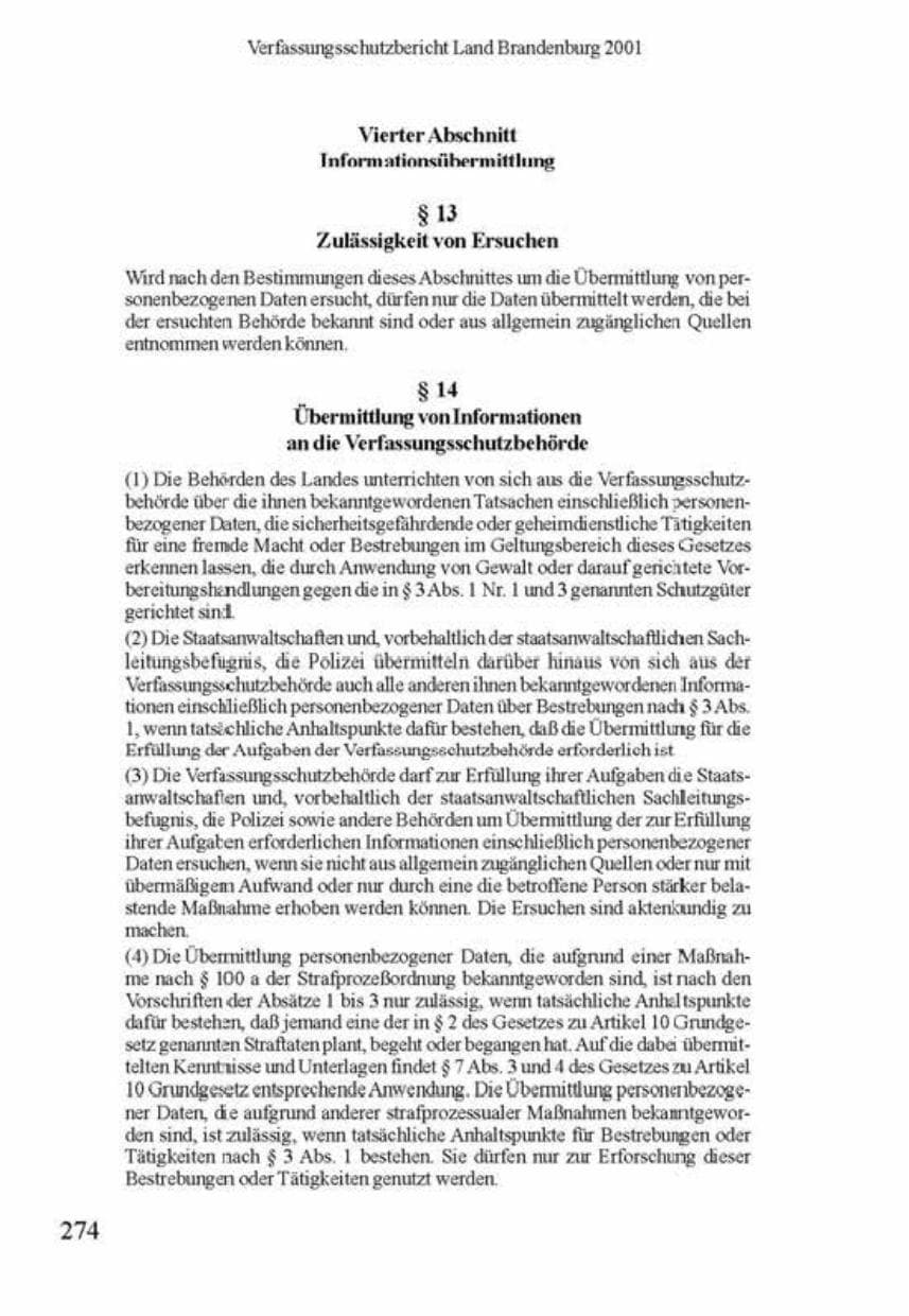 Seite 278 des Verfassungsschutzbericht 2001 Brandenburg