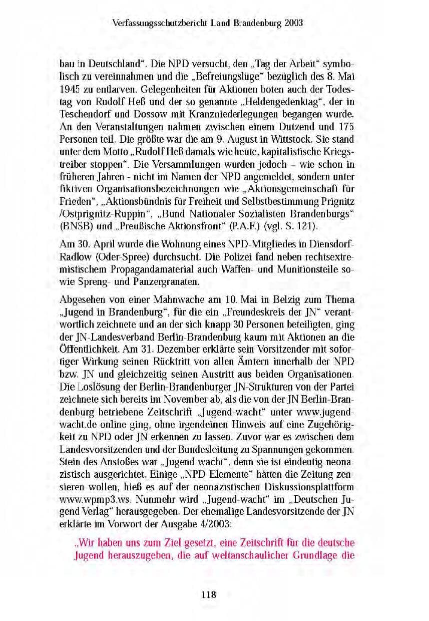 Seite 120 des Verfassungsschutzbericht 2003 Brandenburg