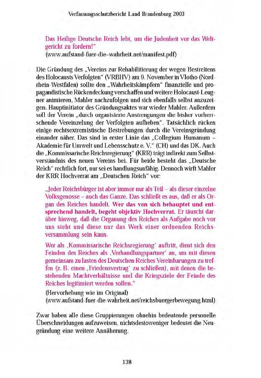 Seite 140 des Verfassungsschutzbericht 2003 Brandenburg