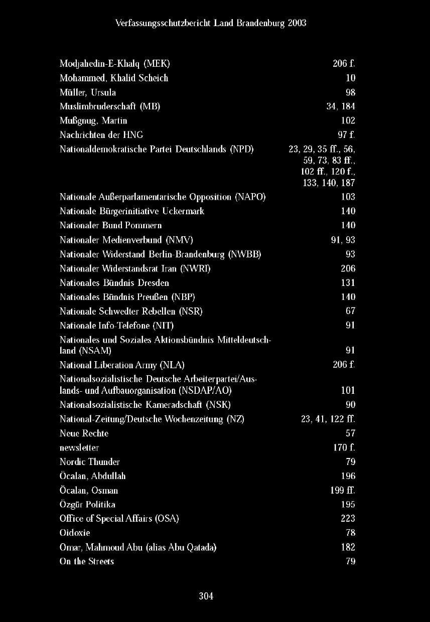 Seite 301 des Verfassungsschutzbericht 2003 Brandenburg
