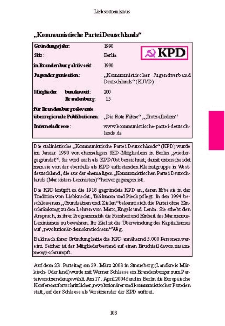Seite 104 des Verfassungsschutzbericht 2004 Brandenburg
