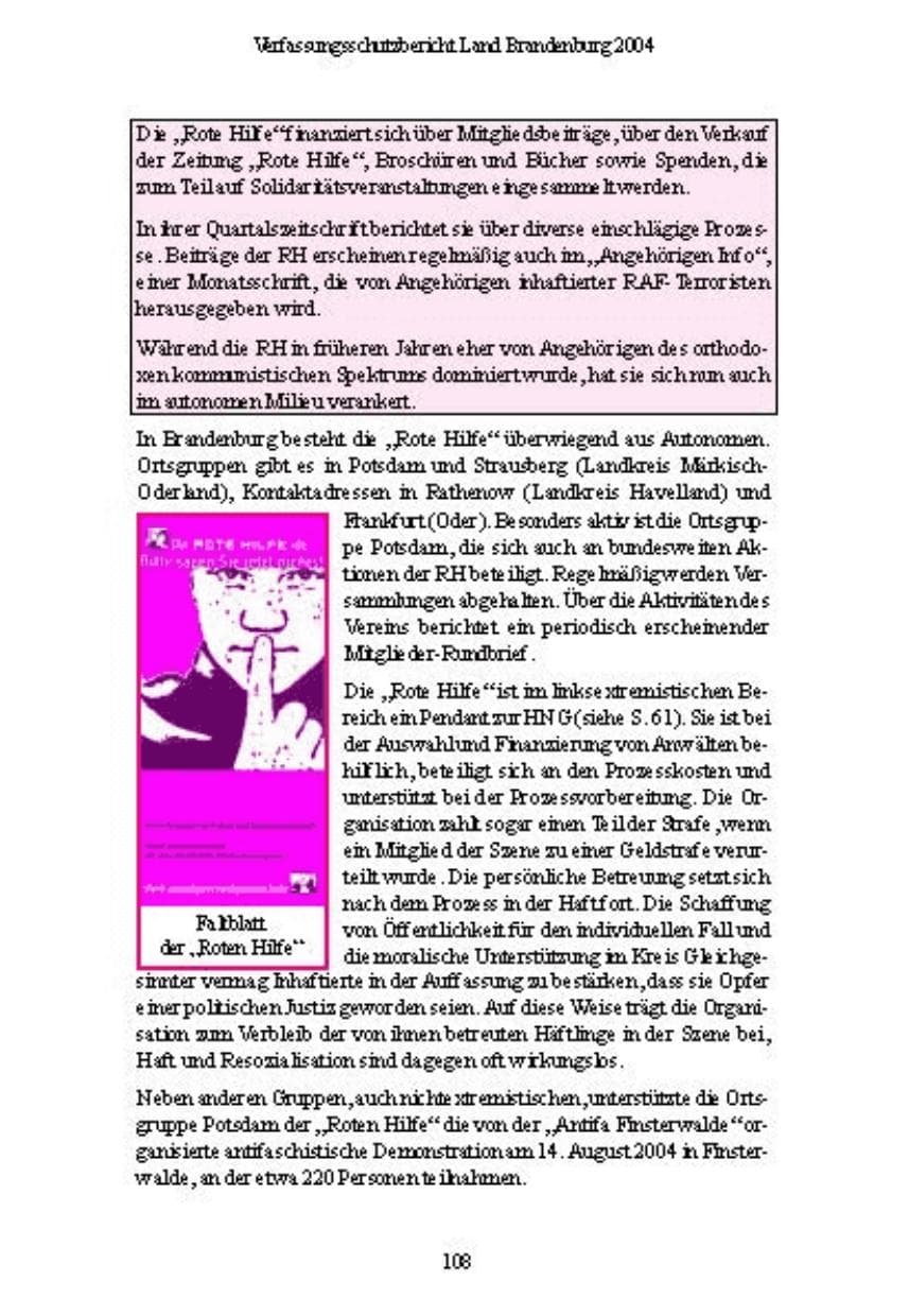 Seite 109 des Verfassungsschutzbericht 2004 Brandenburg