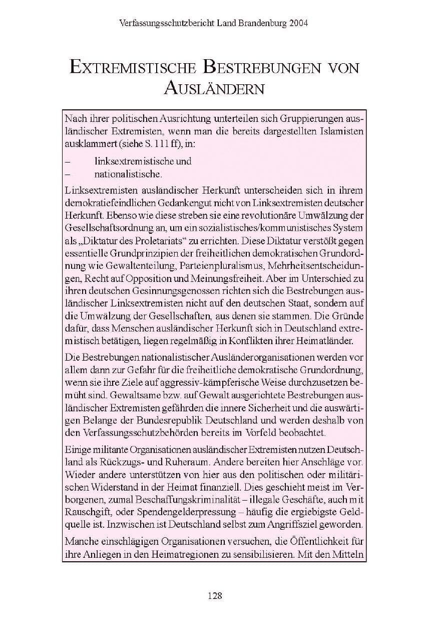 Seite 129 des Verfassungsschutzbericht 2004 Brandenburg
