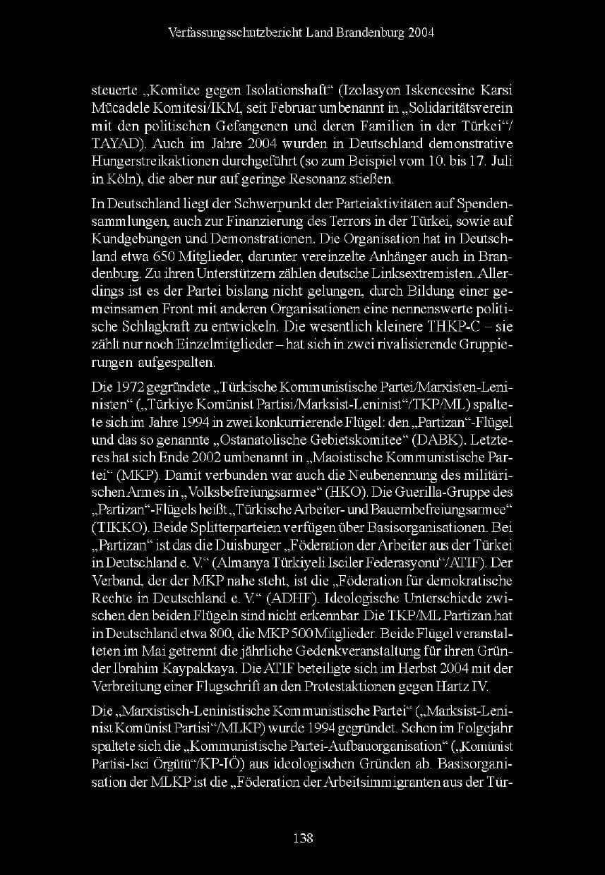 Seite 139 des Verfassungsschutzbericht 2004 Brandenburg