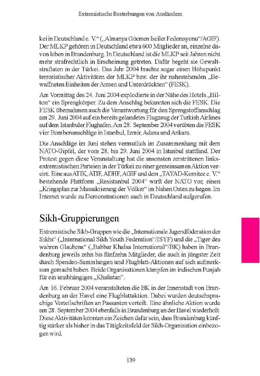Seite 140 des Verfassungsschutzbericht 2004 Brandenburg
