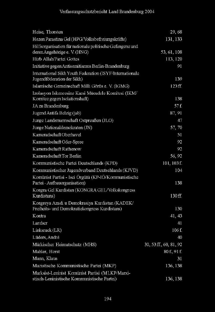 Seite 149 des Verfassungsschutzbericht 2004 Brandenburg