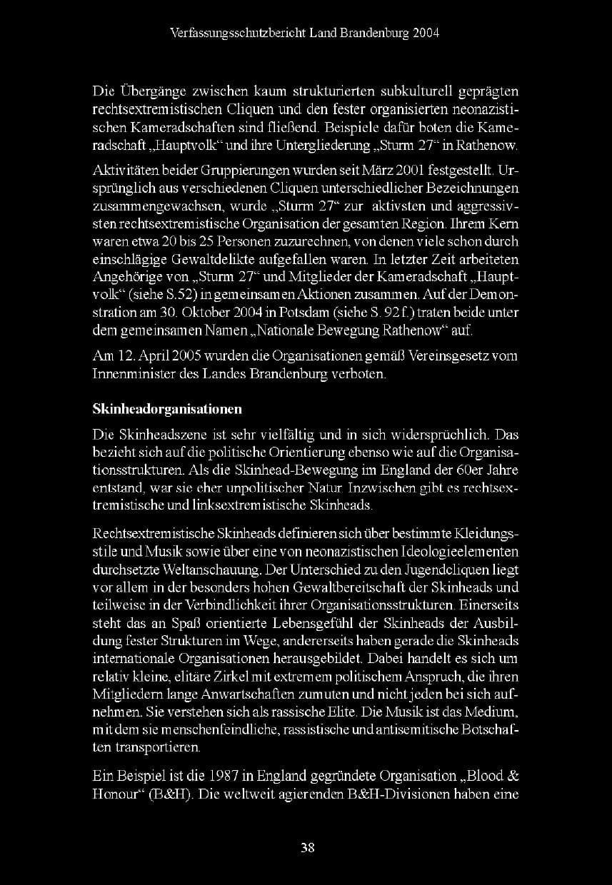 Seite 38 des Verfassungsschutzbericht 2004 Brandenburg