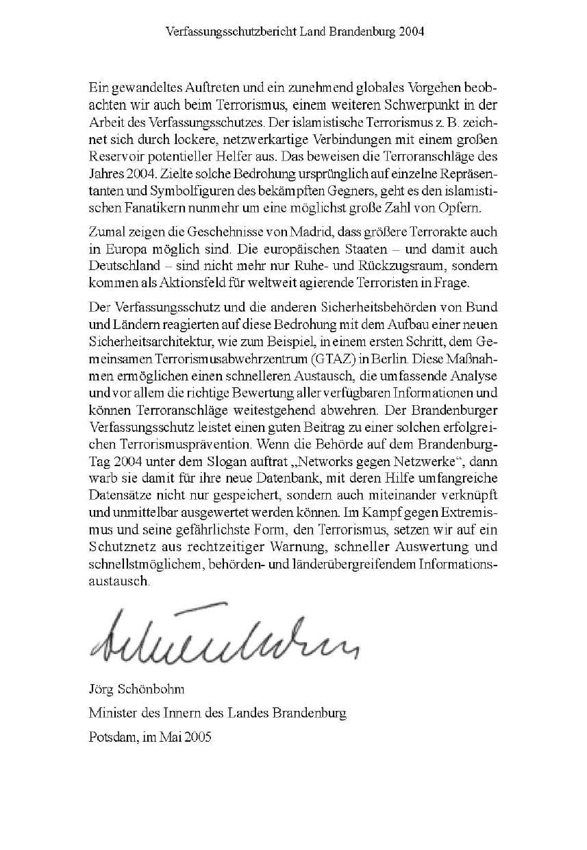 Seite 5 des Verfassungsschutzbericht 2004 Brandenburg