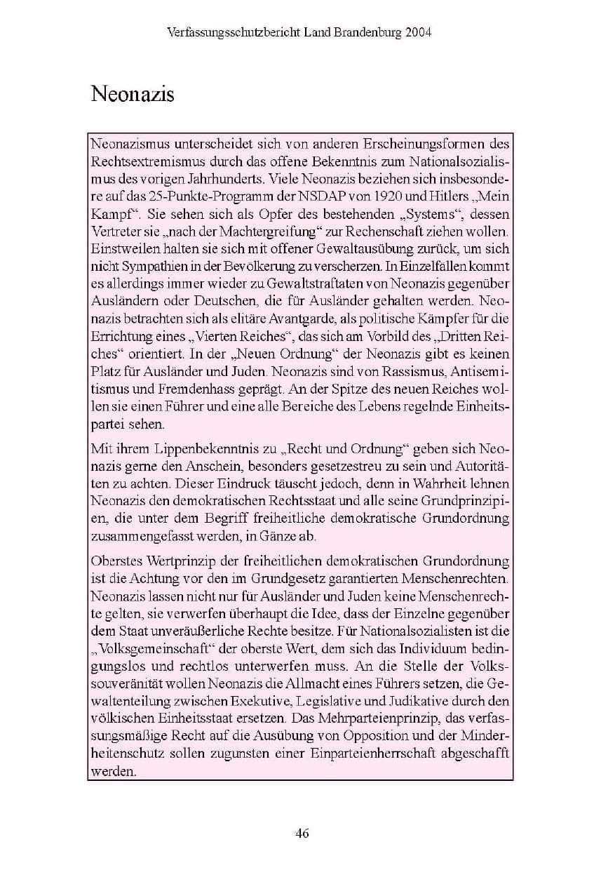 Seite 46 des Verfassungsschutzbericht 2004 Brandenburg