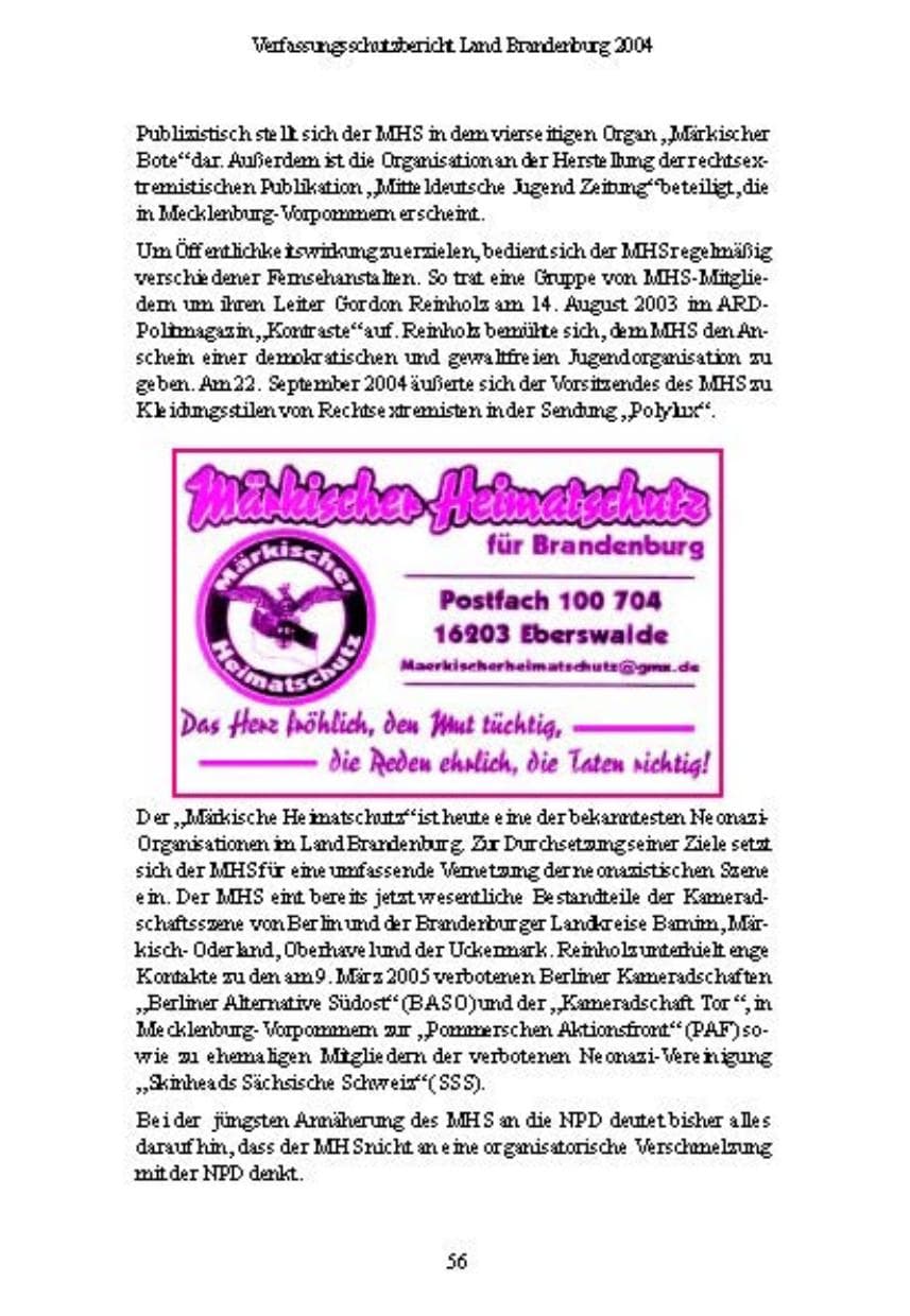 Seite 56 des Verfassungsschutzbericht 2004 Brandenburg