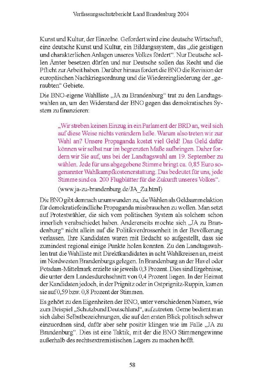 Seite 58 des Verfassungsschutzbericht 2004 Brandenburg