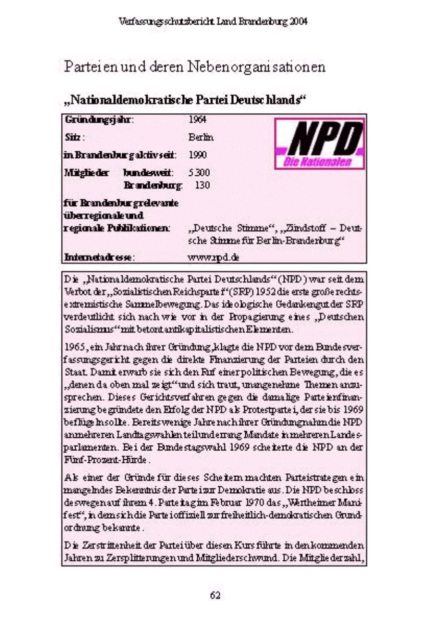 Seite 62 des Verfassungsschutzbericht 2004 Brandenburg