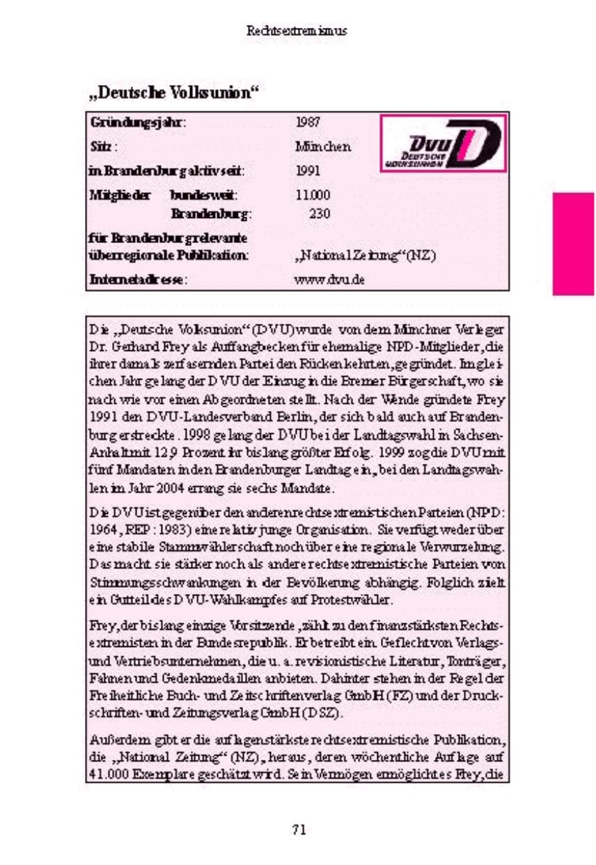 Seite 71 des Verfassungsschutzbericht 2004 Brandenburg