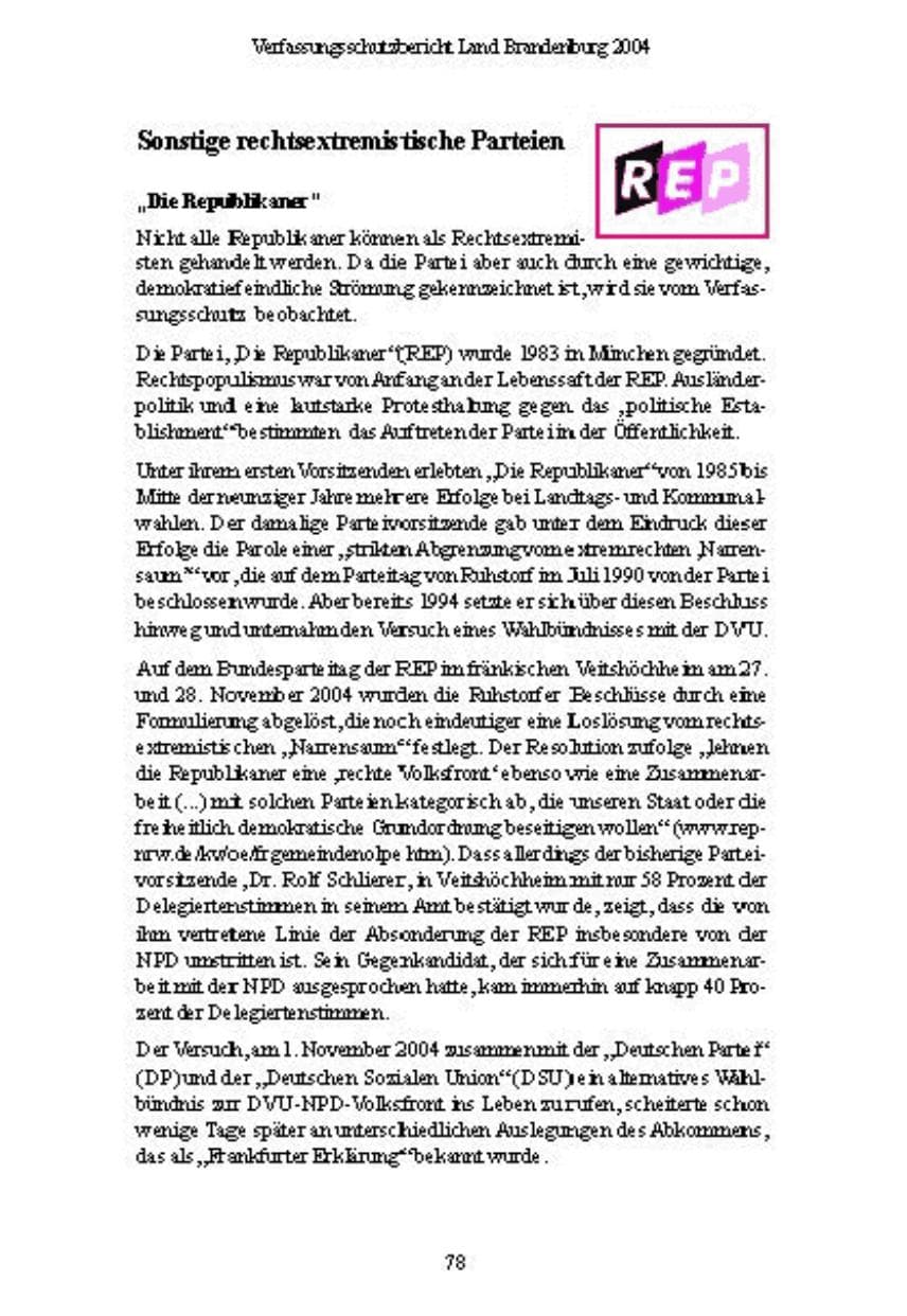 Seite 78 des Verfassungsschutzbericht 2004 Brandenburg