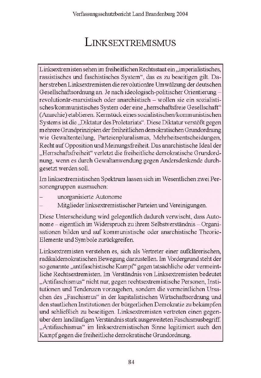 Seite 84 des Verfassungsschutzbericht 2004 Brandenburg