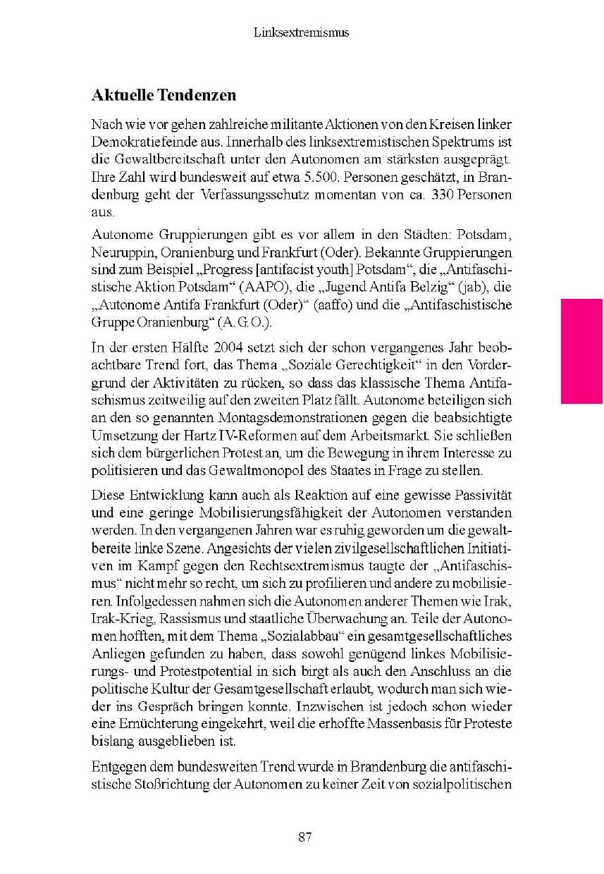 Seite 87 des Verfassungsschutzbericht 2004 Brandenburg