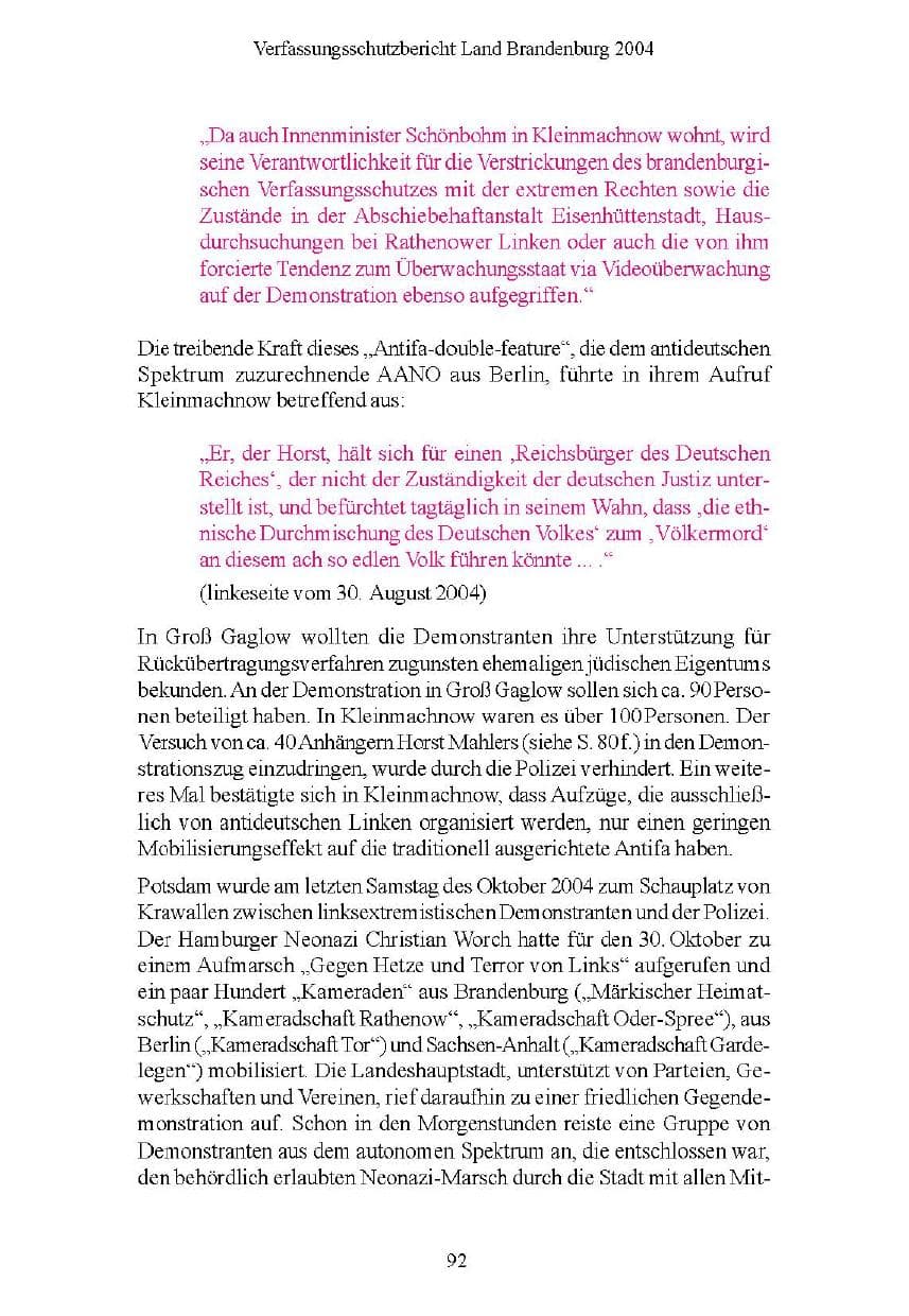 Seite 92 des Verfassungsschutzbericht 2004 Brandenburg