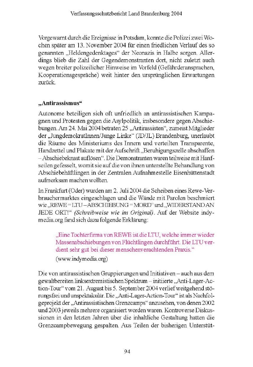 Seite 94 des Verfassungsschutzbericht 2004 Brandenburg