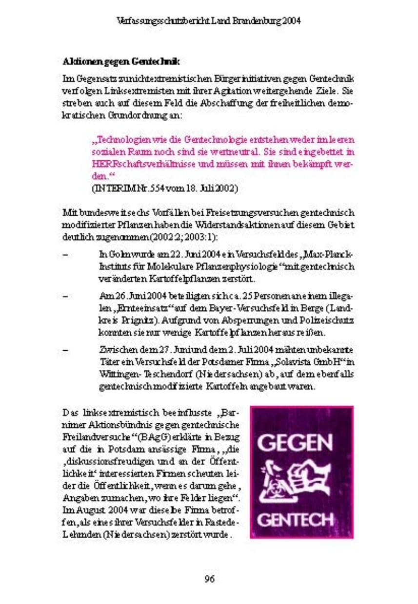 Seite 96 des Verfassungsschutzbericht 2004 Brandenburg