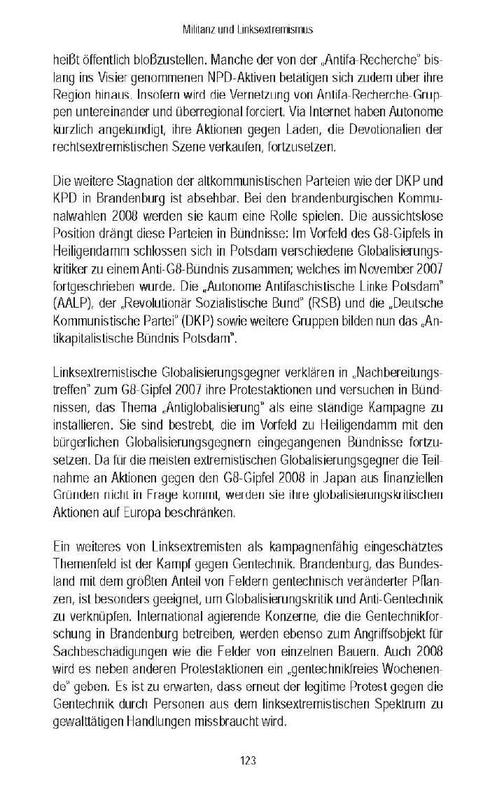 Seite 124 des Verfassungsschutzbericht 2007 Brandenburg