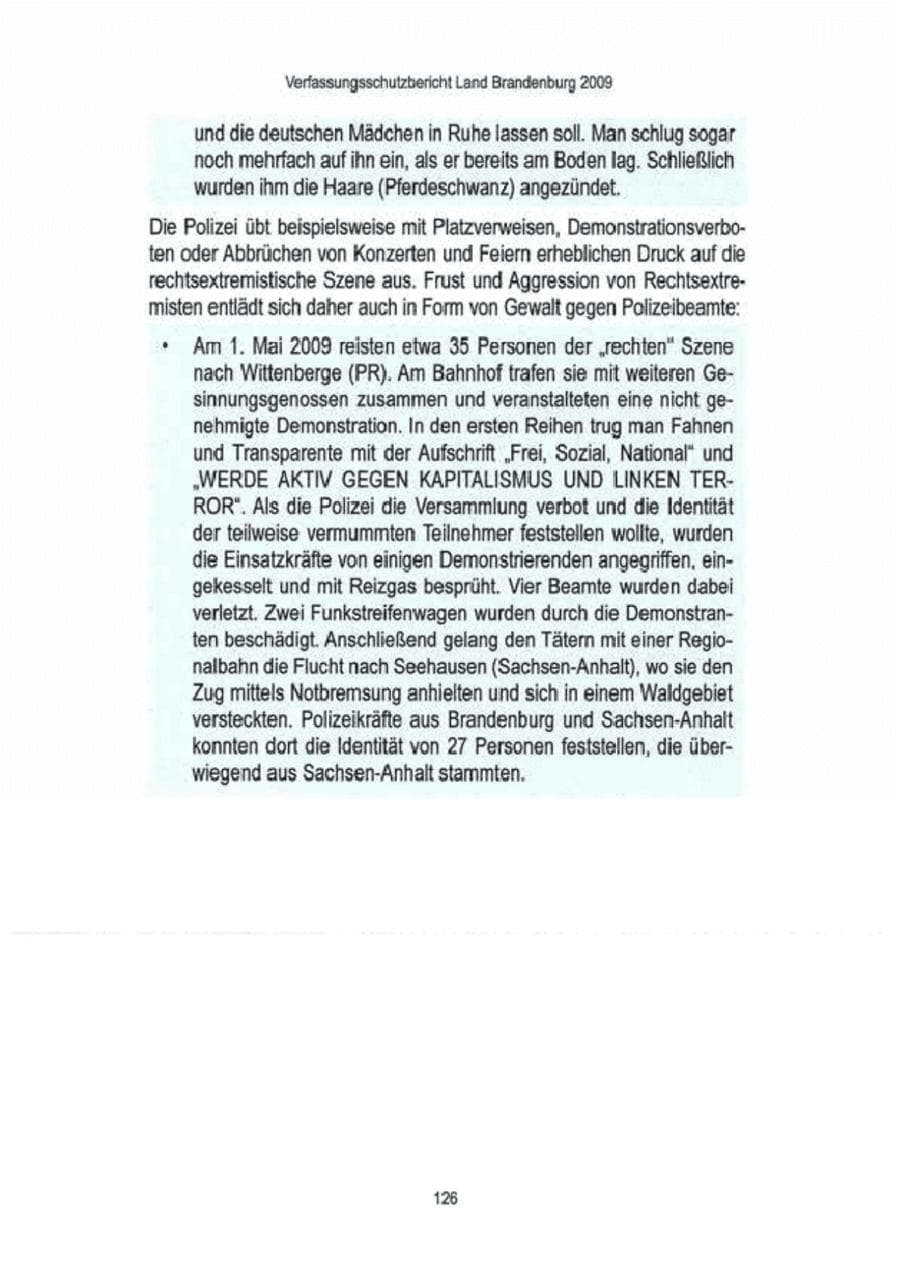 Seite 128 des Verfassungsschutzbericht 2009 Brandenburg