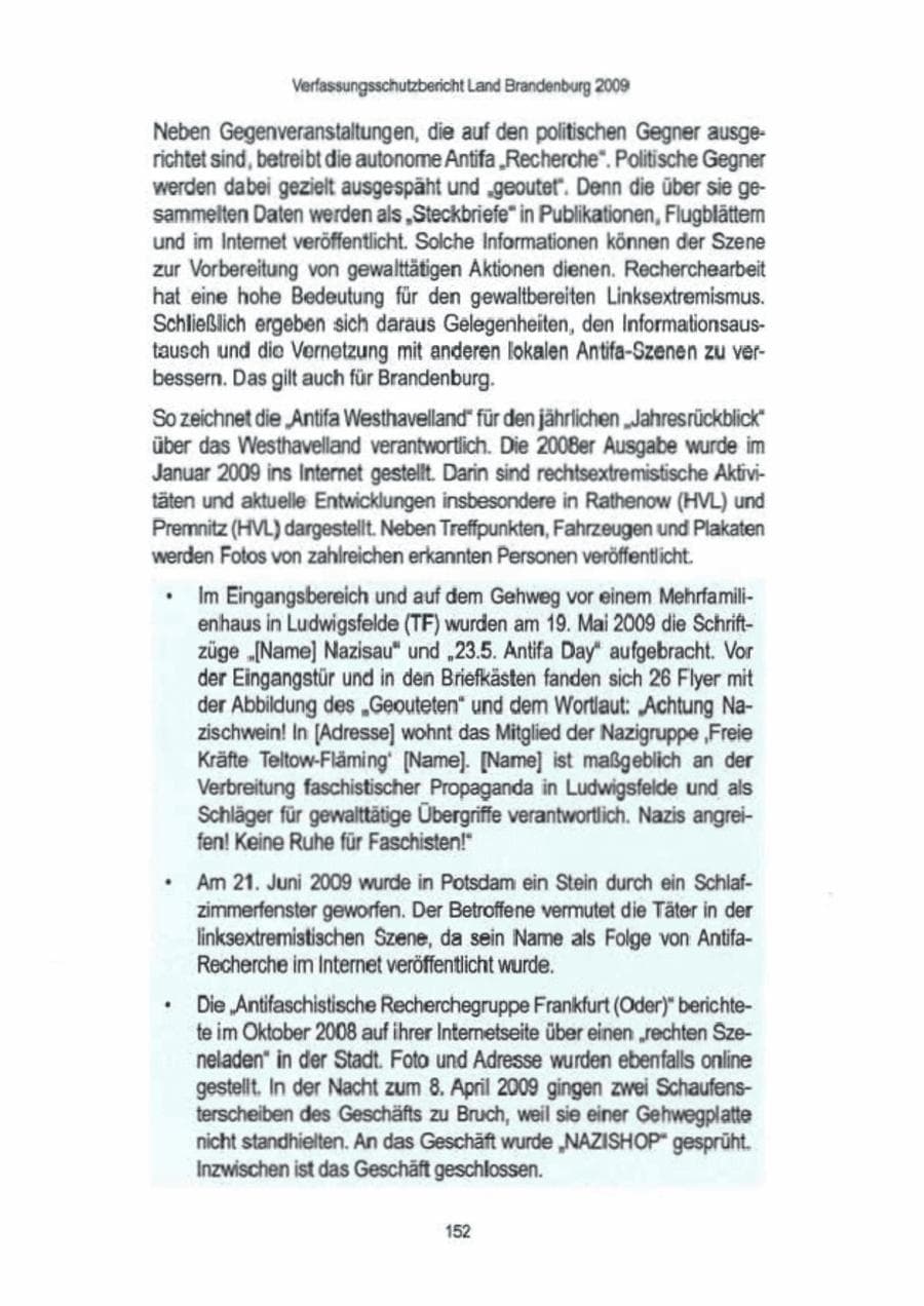 Seite 154 des Verfassungsschutzbericht 2009 Brandenburg