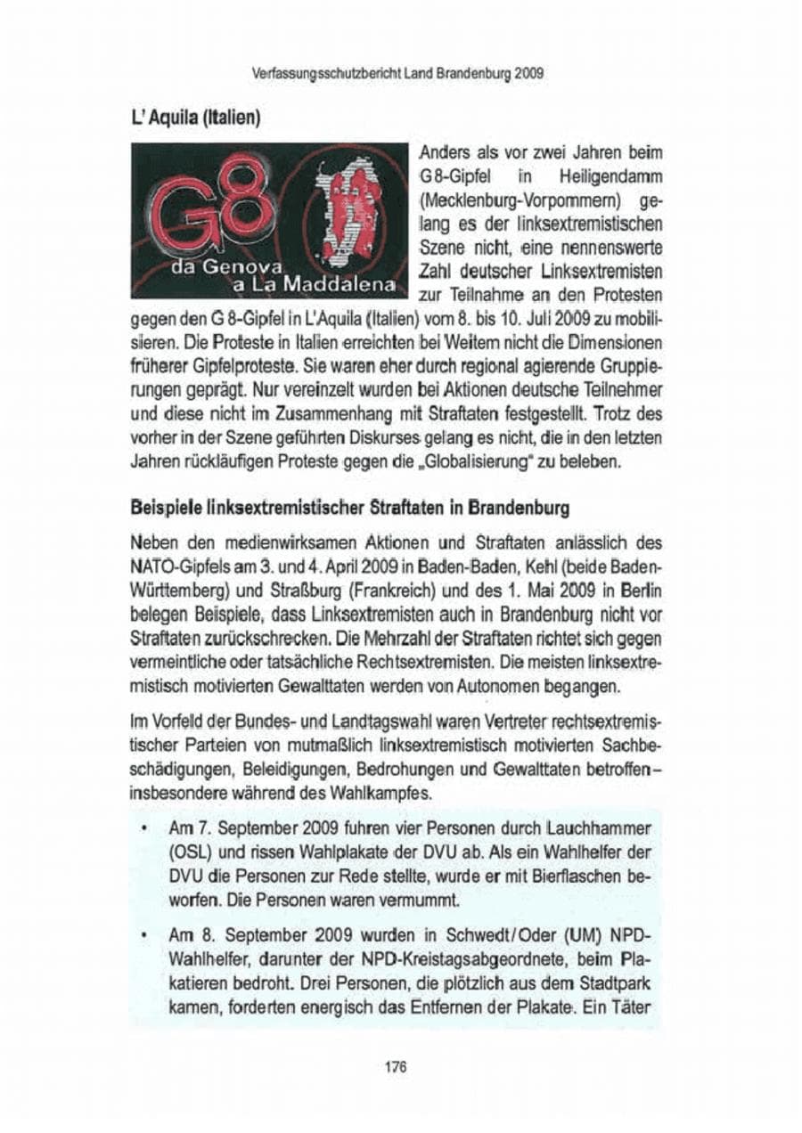 Seite 178 des Verfassungsschutzbericht 2009 Brandenburg