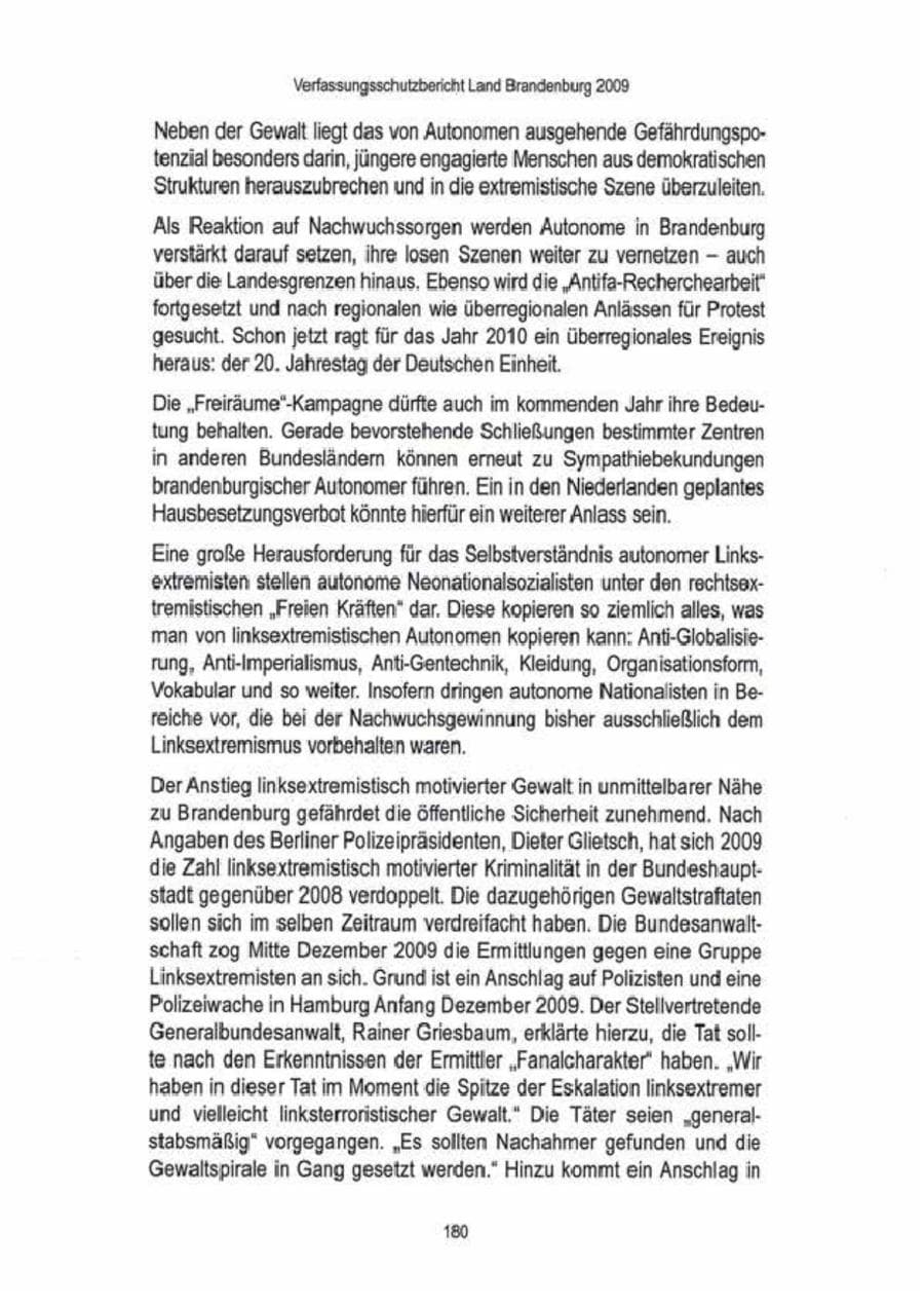 Seite 182 des Verfassungsschutzbericht 2009 Brandenburg