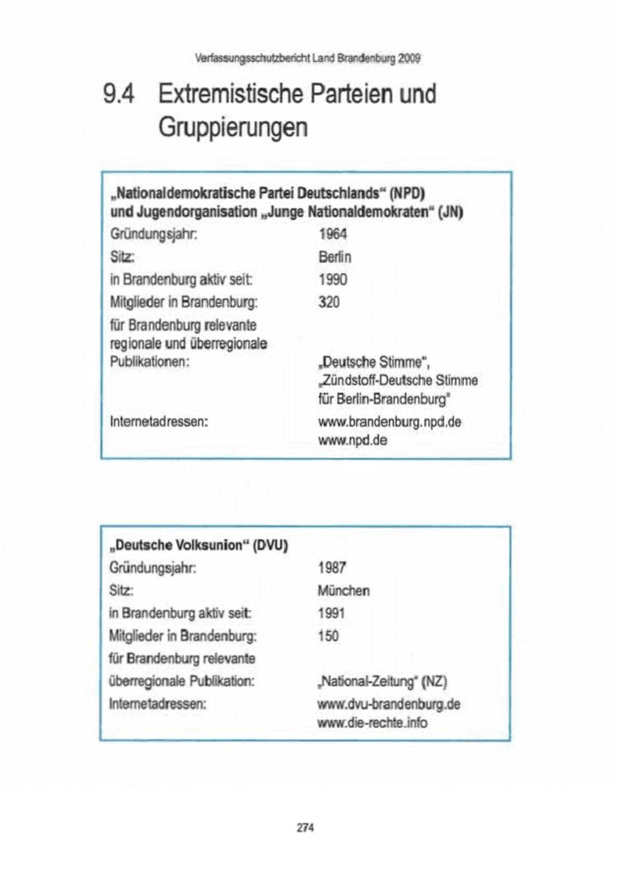 Seite 276 des Verfassungsschutzbericht 2009 Brandenburg