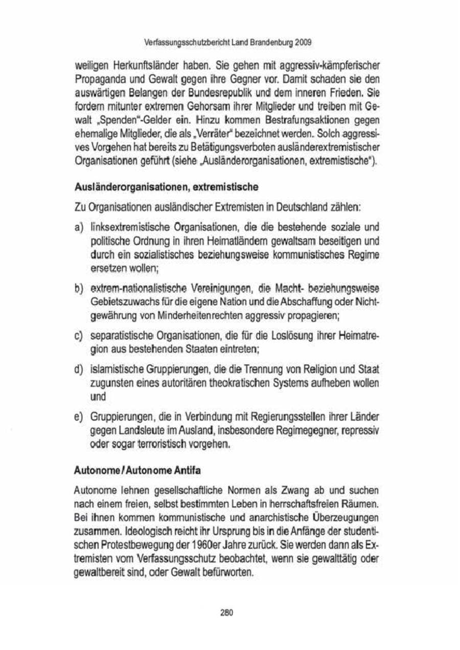 Seite 282 des Verfassungsschutzbericht 2009 Brandenburg